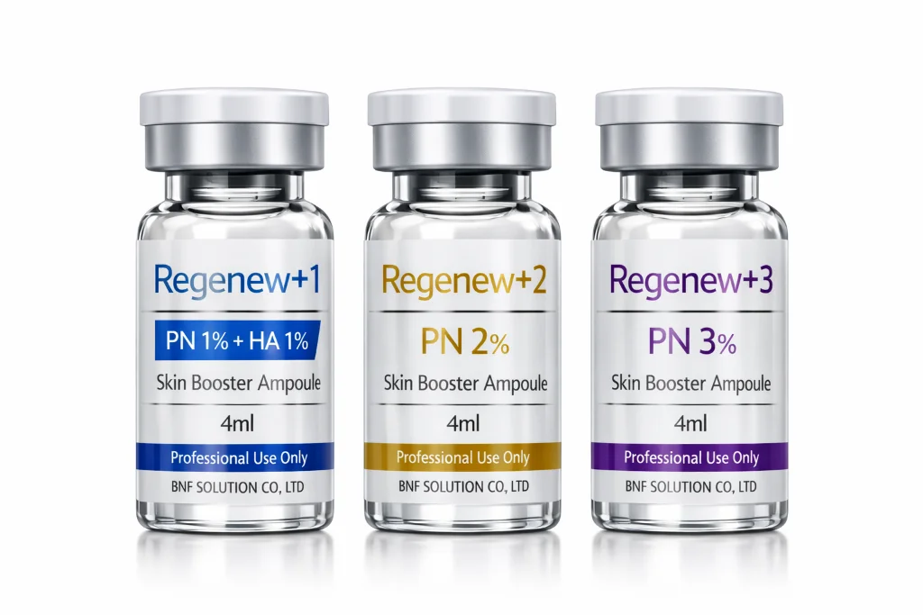 Regenew+1 · Regenew+2 · Regenew+3 — Three-Step PN Skin Booster Ampoules